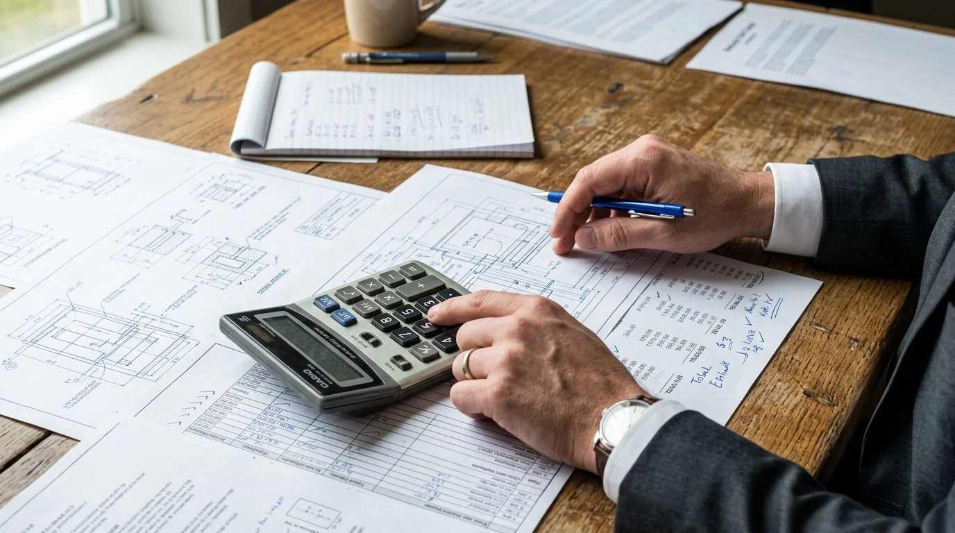 Cost engineer reviewing detailed manufacturing cost calculations and worksheets