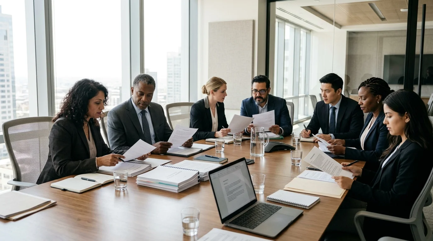 Corporate strategic procurement team collaborating in executive boardroom