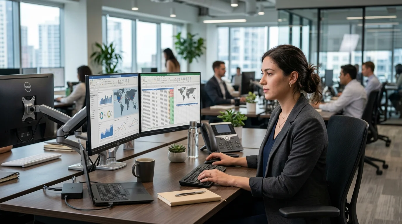 Supply chain risk management analyst monitoring supplier data on dual monitors