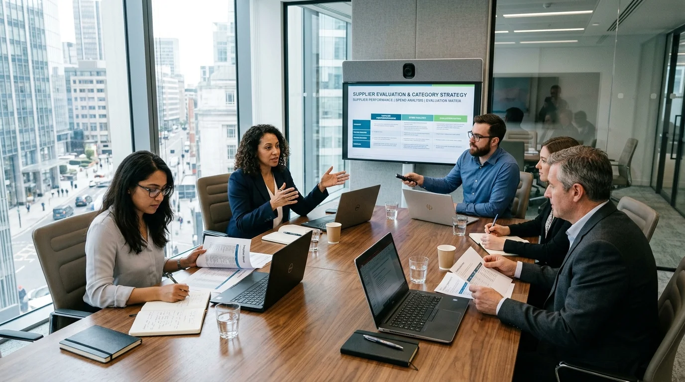 Procurement category manager analyzing quarterly schedule checklists and market data