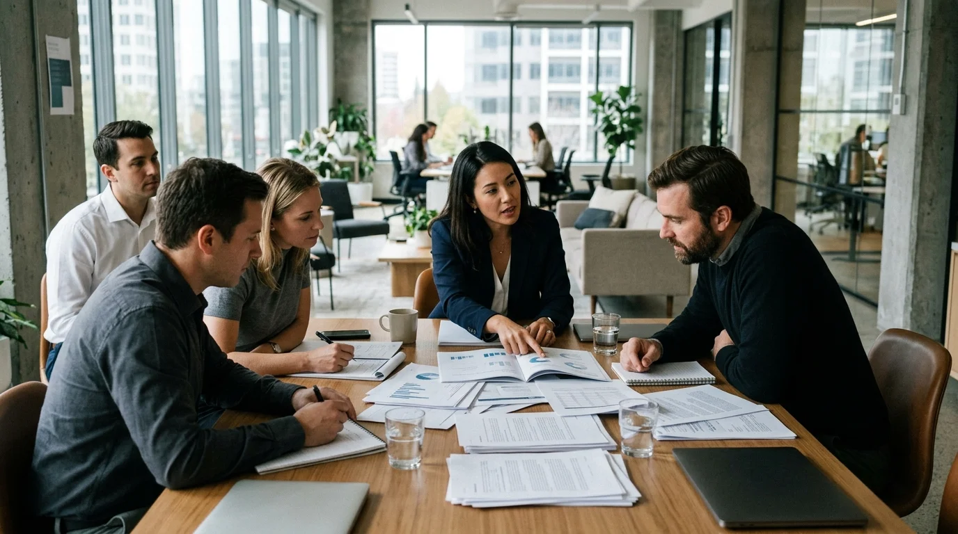 Corporate strategist reviewing competitor market benchmarking and financial charts