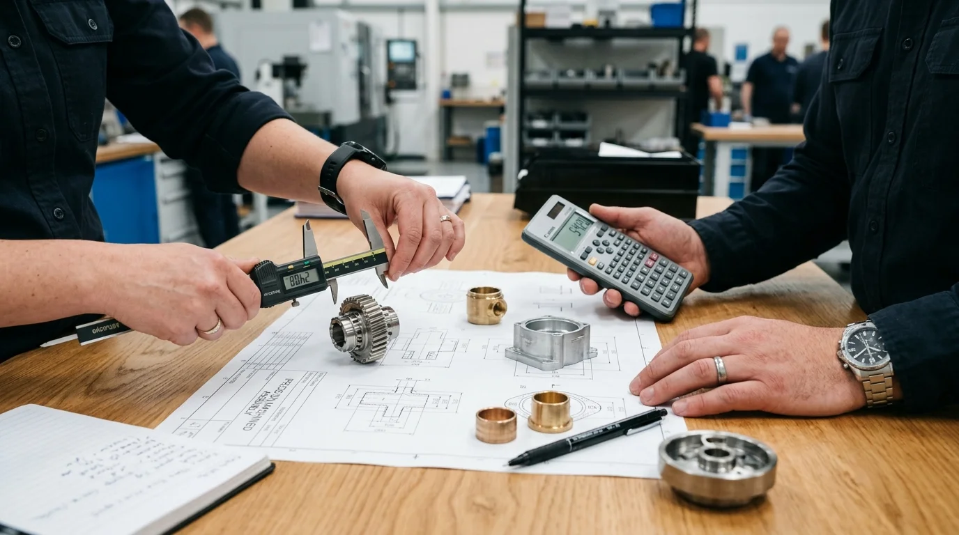 Cost engineers measuring precision manufacturing components and reviewing calculations