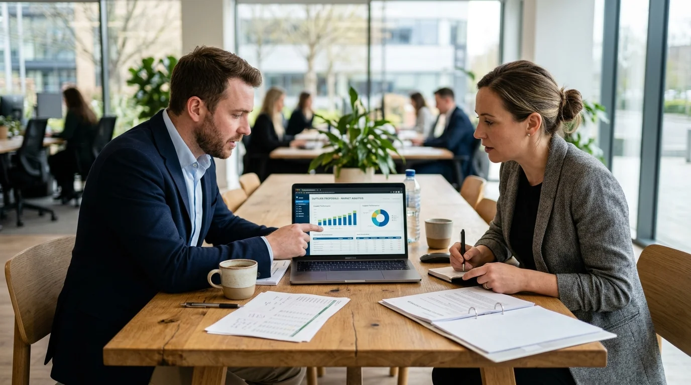 Procurement specialists analyzing strategic supplier proposals and market intelligence