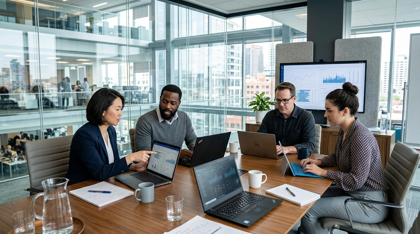 Procurement risk analytics team in modern office evaluating supplier scorecard data